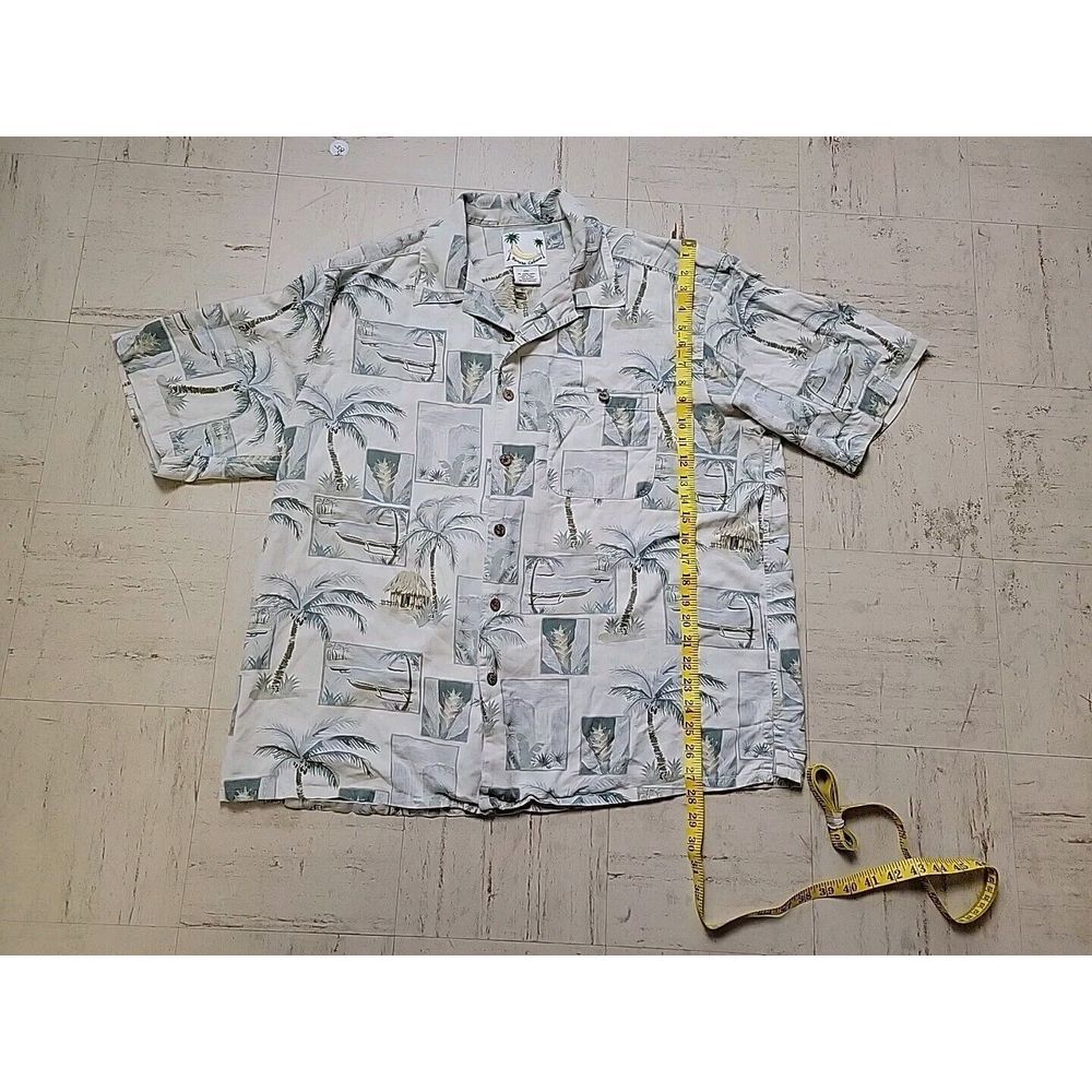 Banana Cabana Silk Hawaiian Shirt Men's‎ XL Beige Palm Floral Print Wood Buttons